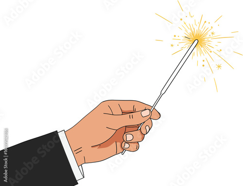 Hand holding magic wand with sparkling golden light effect vector illustration in black sleeve design