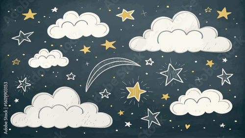Whimsical Night Sky Dreams: Clouds, Stars, and Shooting Star Floating Gently in Dreamy Dark Blue Backdrop