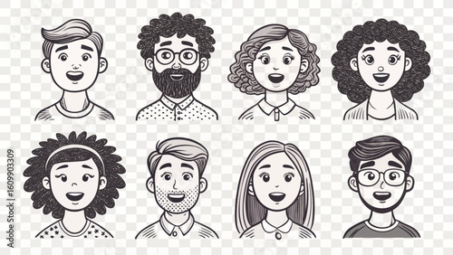 Diverse group of cartoon people line drawing vector graphic, expressing various ethnicities and personalities in a simple and clean style.