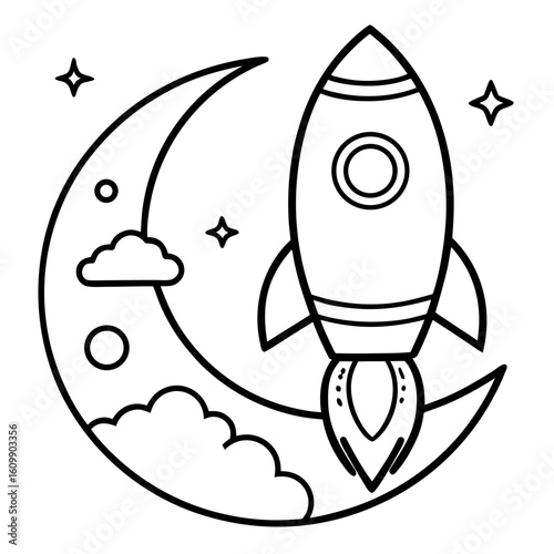 Rocket Flies to the Moon Coloring Pages – Space, Rocket, Moon, Outline, Kids, Printable, Adventure

