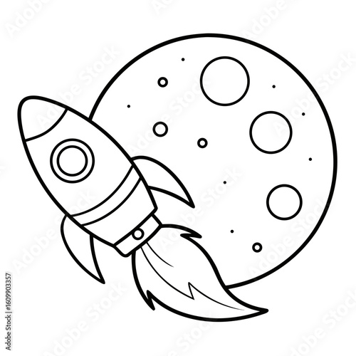 Rocket Flies to the Moon Coloring Pages – Space, Rocket, Moon, Outline, Kids, Printable, Adventure

