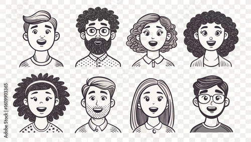 Diverse group of cartoon people line drawing vector graphic, expressing various ethnicities and personalities in a simple and clean style.