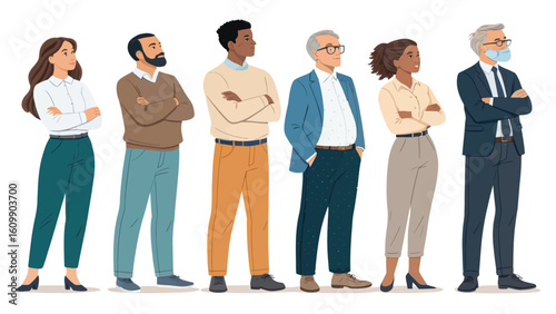 Diverse team of professionals standing confidently with arms crossed, looking forward with ambition and a vision for success.
