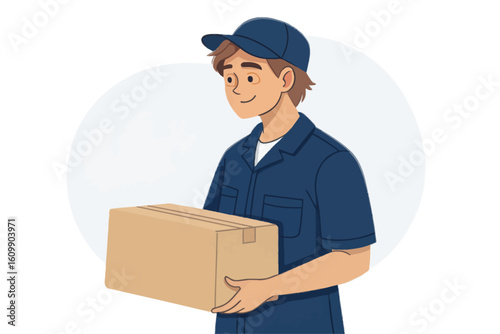 Cartoon Delivery Man in Uniform Delivering a Cardboard Package with Friendly Expression in Modern Digital Art