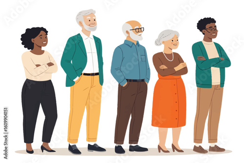 Diverse group of stylish people standing together in a row, showcasing unity and positive expressions against a clean backdrop