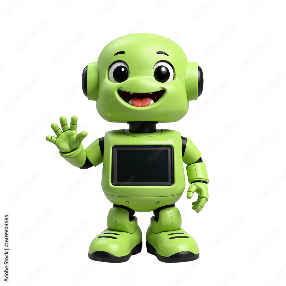 Obraz premium Friendly green robot waving hello with a cheerful expression for kids apps