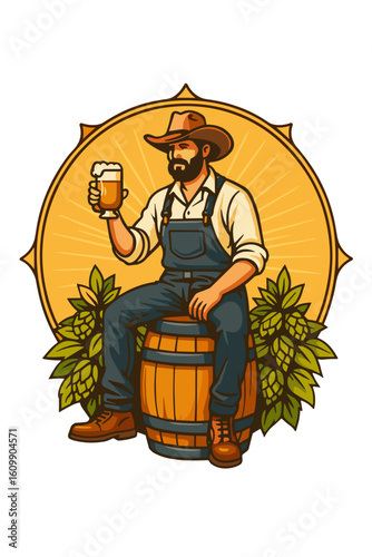 Vector illustration of bearded man with beer mug sitting on barrel, hops and sunburst background, Beer Day celebration concept