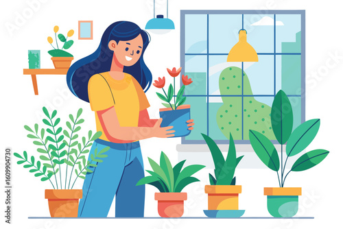 A cheerful woman with dark hair tends to her indoor plants near a window enjoying her hobby