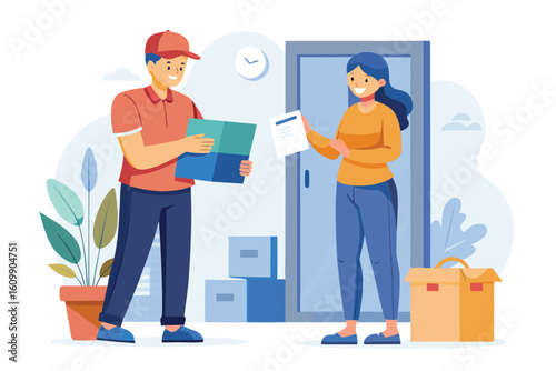Friendly delivery person hands over a package to a smiling customer at her doorstep with a clock on the wall