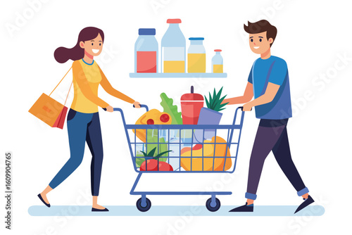 Happy couple pushing a shopping cart filled with groceries and drinks together at the supermarket