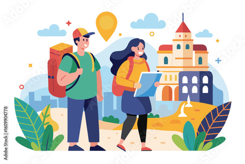 Two happy travelers with backpacks and map exploring a city with a prominent building and scenic background