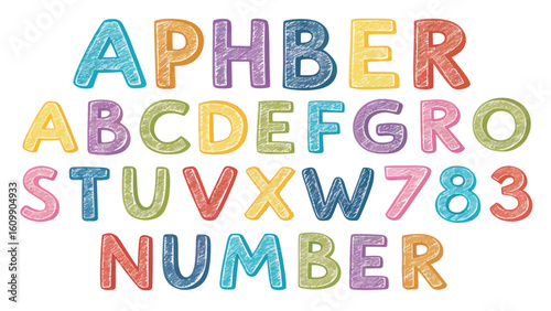 Playful Hand Drawn Alphabet with Numbers in Bright Pastel Colors for Children's Education and Learning Fun