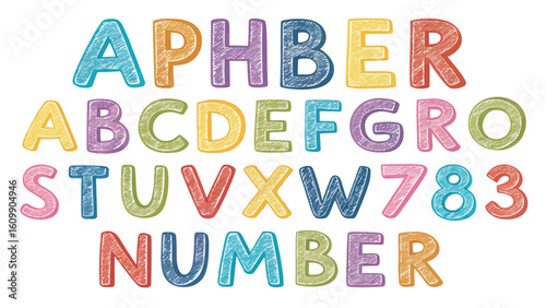Playful Hand Drawn Alphabet with Numbers in Bright Pastel Colors for Children's Education and Learning Fun