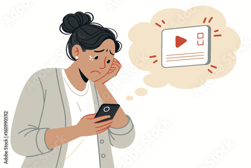 Depressed Woman with Smartphone Contemplating Videos, Possibly Facing Social Media Challenges or Negative Online Content, Illustrated with Pastel Colors.