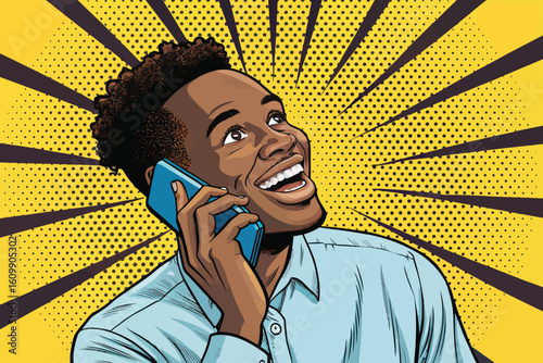 Expressive African American Man Chatting on a Mobile Phone with a Retro Pop Art Comic Background