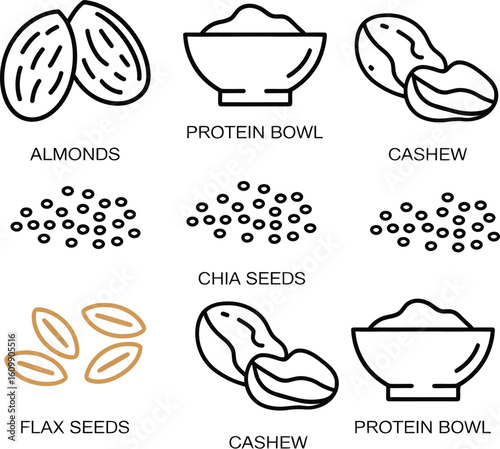 Collection of healthy food icons including nuts seeds and nut butters