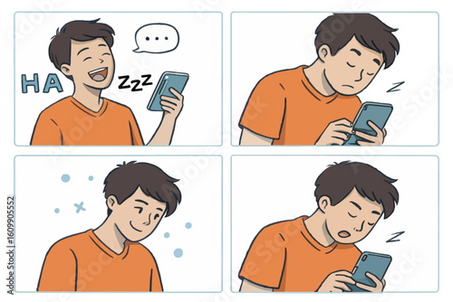 Illustrated sequence showing a young man's phone use evolving from amusement to drowsiness before finally falling asleep.