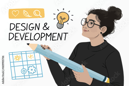 Thoughtful Designer Holding a Large Pencil, Surrounded by Design and Development Icons with a Light Bulb and Grid