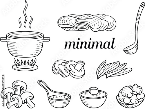 Hand drawn sketch of hot pot ingredients and cooking utensils