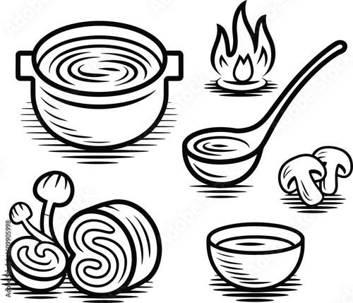 Hand drawn sketch of soup pot ladle mushrooms and bowl