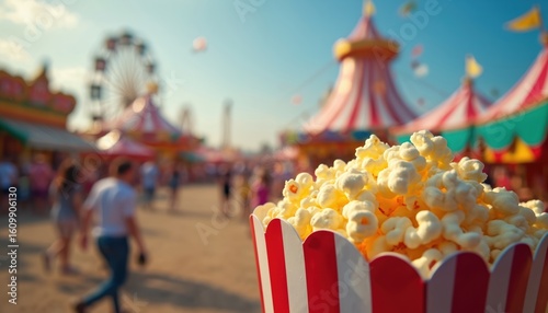 Fototapeta Naklejka Na Ścianę i Meble -  Close-up of fluffy popcorn in red, white striped bucket. Background shows vibrant amusement park with Ferris wheel, circus tents, blurred crowd, clear blue sky. Perfect for summer fun, festive