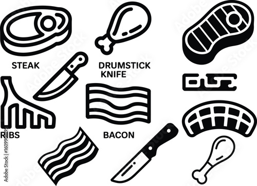 Collection of meat cuts and kitchen knives in outline style
