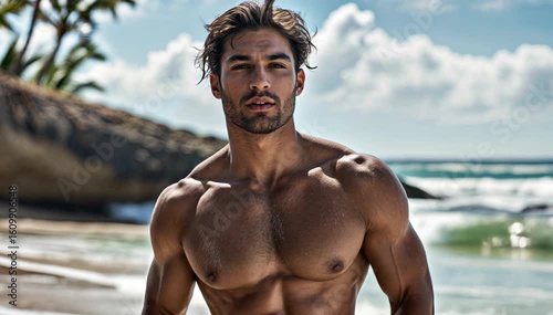 handsome muscular man on the beach	