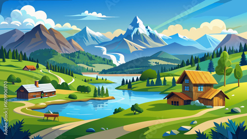 very Beautiful wide landscape panorama lake gerold and pasture with huts, view to karwendel mountains