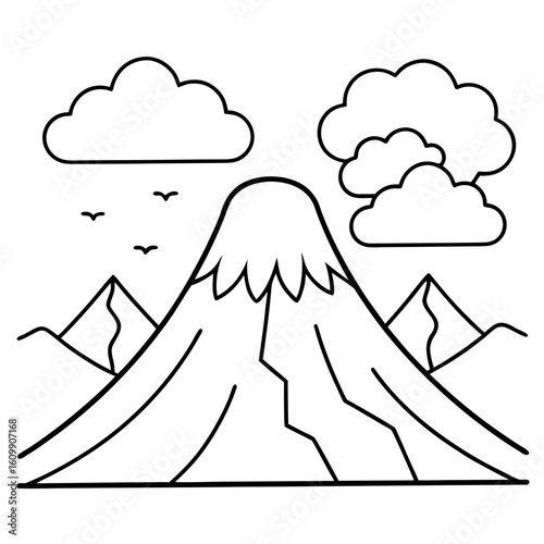 Volcano Mountains Coloring Pages – Landscape, Nature, Outline, Eruption, Line Art, Printable, Geology

