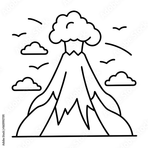 Volcano Mountains Coloring Pages – Landscape, Nature, Outline, Eruption, Line Art, Printable, Geology


