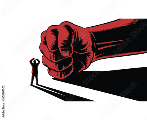 Overwhelmed small person facing colossal intimidating fist casting long shadow, power imbalance concept, feeling of dread and helplessness, massive threat looming