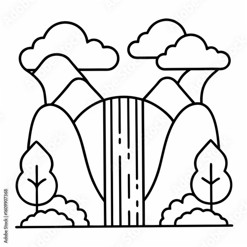 Waterfall Landscape Coloring Pages – Nature, Scenic, Outdoor, Outline, Line Art, Printable, Tranquil

