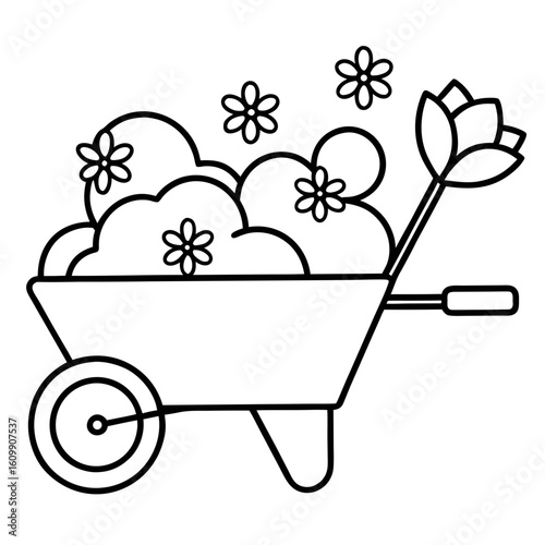 Wheelbarrow with Flowers Coloring Pages – Garden, Floral, Outdoor, Outline, Line Art, Printable, Rustic

