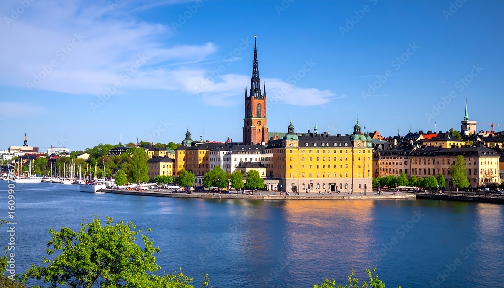 Fototapeta premium Panoramic view of Stockholm's city center, a vibrant European capital. Sunny, colorful buildings reflect on calm water, punctuated by a tall church spire