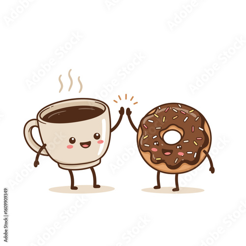 A happy coffee cup and donut giving a highfive with smiling faces
