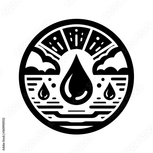 Abstract Water Cycle Symbol with Sun and Rain.