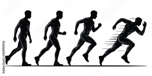 Dynamic sequence captures athletic man's powerful stride transforming from casual walk to explosive sprint, showcasing speed and progress with vibrant motion blur.