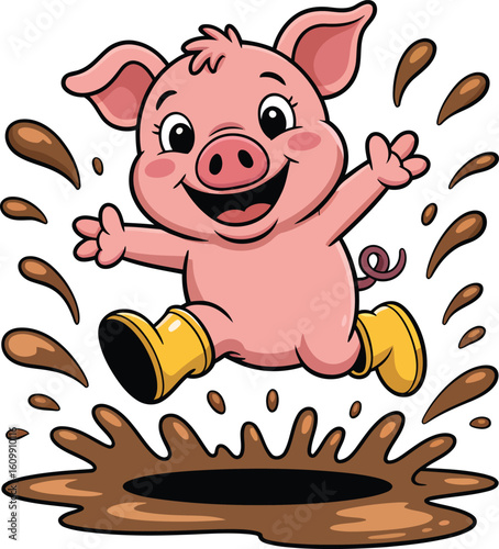Joyful Piglet Jumping in Mud Puddle Cartoon Illustration on Transparent Background