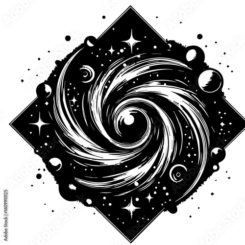 Cosmic Swirl Galaxy with Planets and Stars.