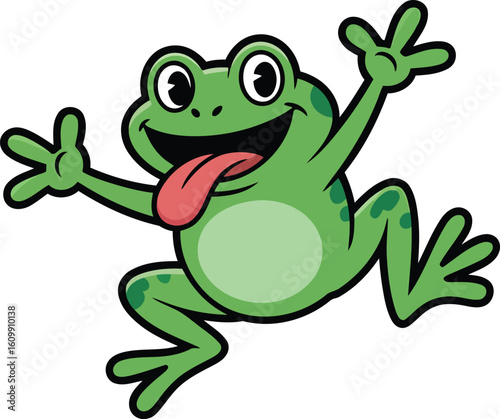 Joyful Green Frog Cartoon Leaping with Tongue Out and Arms Up on Transparent Background