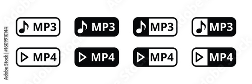 MP3 and MP4 file format icons, black and white, various styles digital media,  clean Vector.