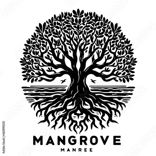 Majestic Mangrove Tree with Intricate Roots and Birds.