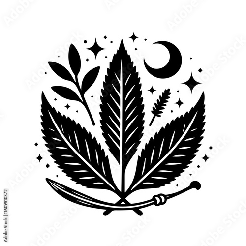 Mystical Cannabis Leaf with Crescent Moon and Stars.