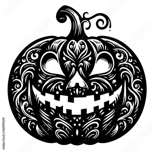 Ornate Black and White Halloween Pumpkin Design.