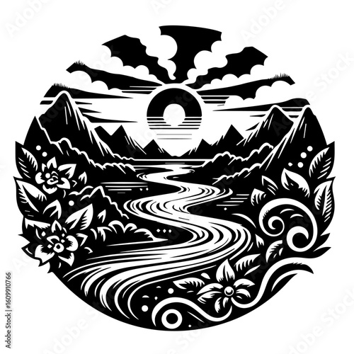 Stylized Black and White Mountain River Landscape with Sun.