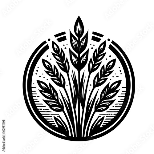 Stylized Black and White Wheat Stalks Emblem.
