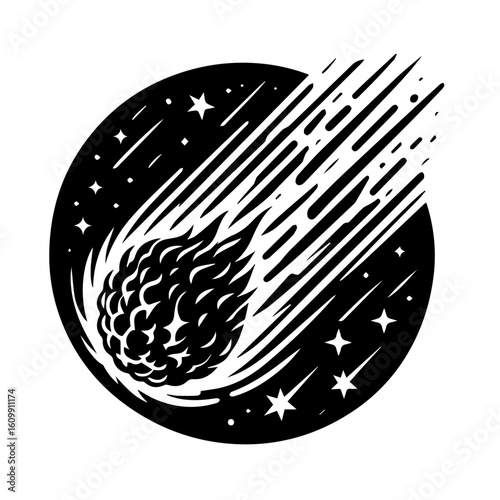 Stylized Black Comet Streaking Through Starry Night Sky.