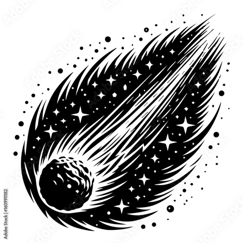 Stylized Black Comet Streaking Through Starry Space.