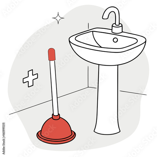 Red plunger next to white sink in minimalist bathroom setting  