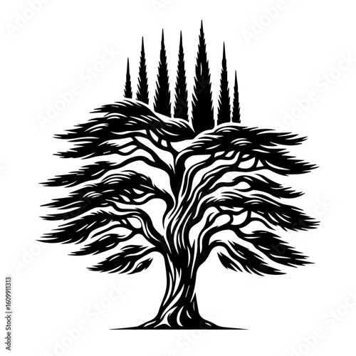 Stylized Black Silhouette of a Majestic Tree.